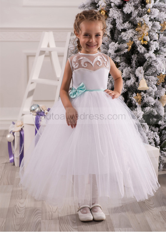 High Neck Beaded White Tulle Tea Length Flower Girl Dress